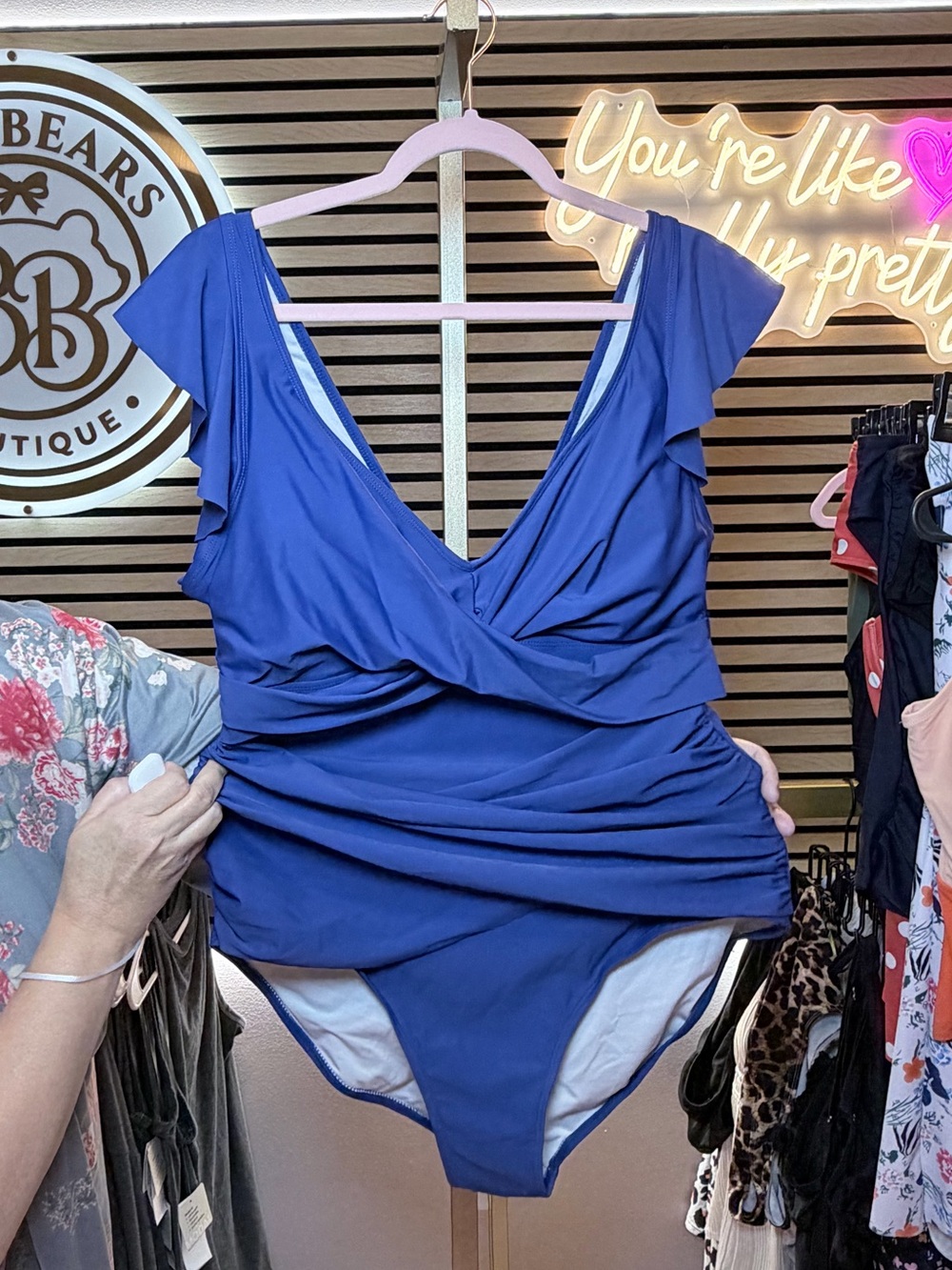 Plus-Size Royal Blue Surplice One-Piece Swimsuit with Ruffle Cap Sleeves